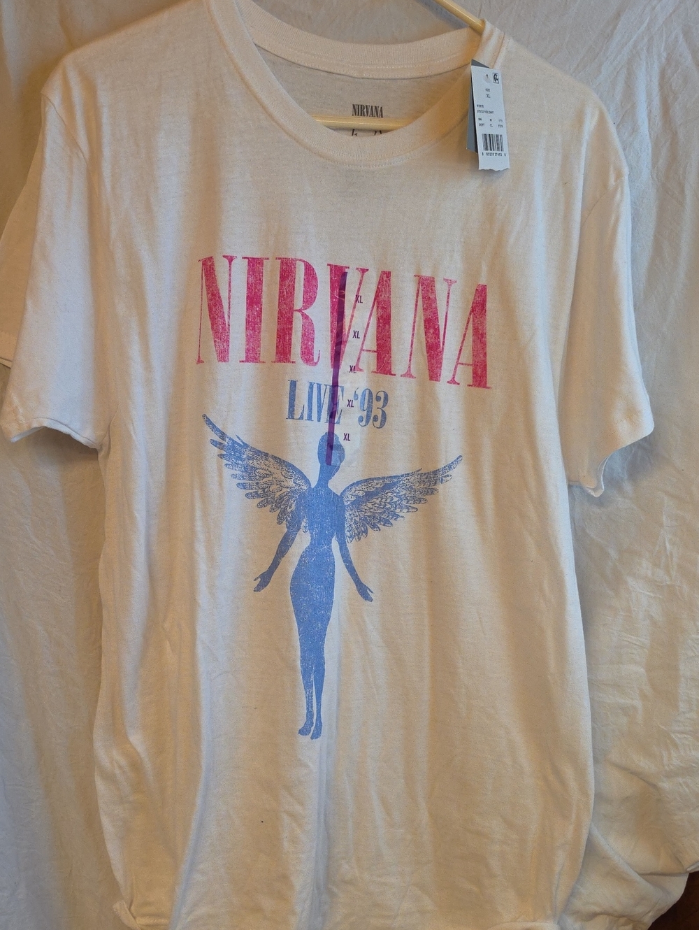 NIRVANA White Tee with Pink Logo and Blue Angel Graphic